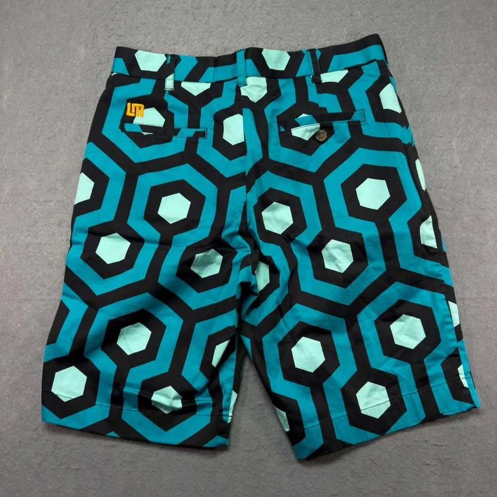 Loudmouth Golf Shorts Mens 32 Turquoise Black Hexagon Geometric Shining Pattern